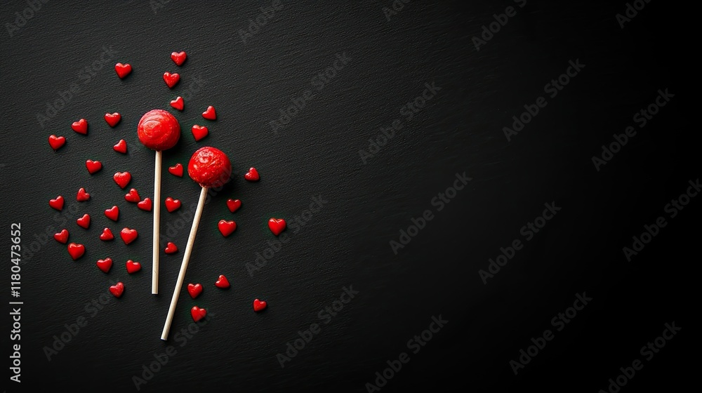 A minimalist design featuring two red lollipops and scattered red candy hearts on a black background with a central empty space. A minimalist design featuring two red lollipops and scattered red candy hearts on a black background with a central empty space.