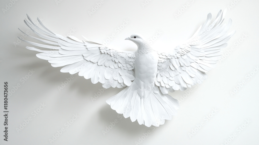 Obraz premium White paper dove sculpture with wings spread wide against a white background.