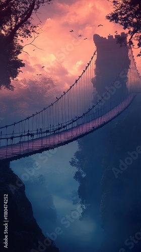 Misty Bridge to a Sunset Tower: A Fantasy Landscape photo