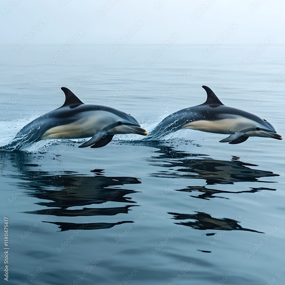 Fototapeta premium Graceful Dolphins Leaping in the Serene Ocean