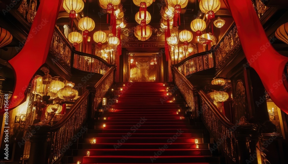 Obraz premium Grand Staircase with Red Carpet, Ornate Chandeliers, and Warm Lighting