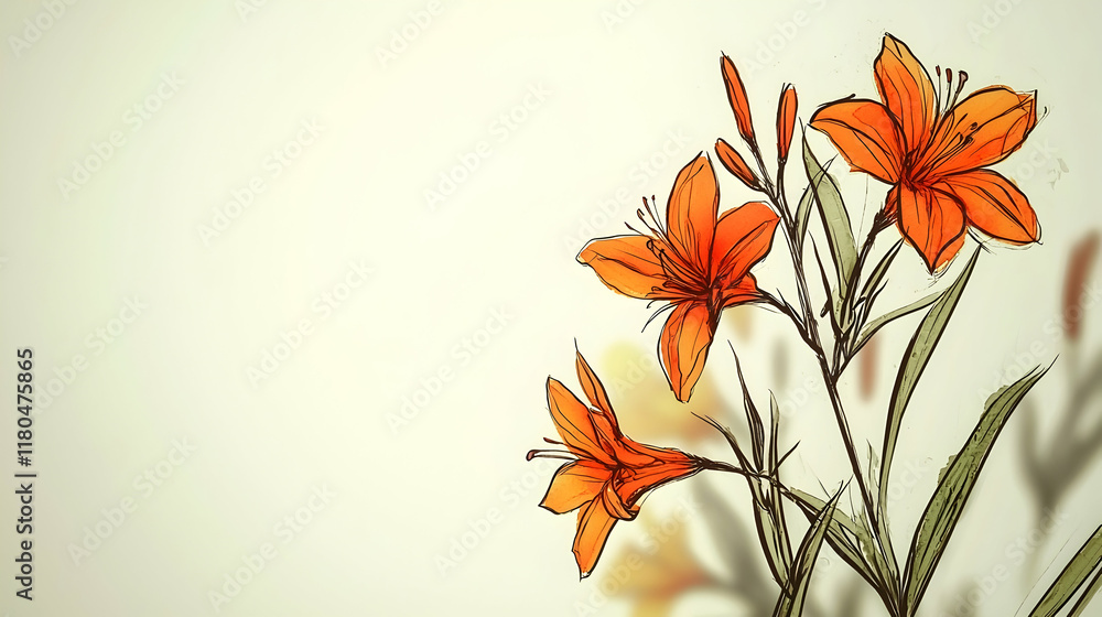Fototapeta premium Elegant orange lilies on beige background, soft shadows, artistic floral illustration.