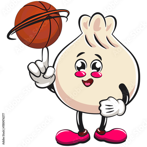 Cute dumpling vektor illustration mascot character spin the basketball with the index finger, Xiao Long Bao, Asian, Chinese food, work of hand drawn