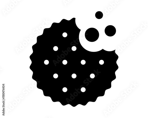 Bitten cracker silhouette with crumbs. Sweet or salty biscuit cookie in round shape. Popular crunchy snack isolated on white background. Vector graphic illustration.