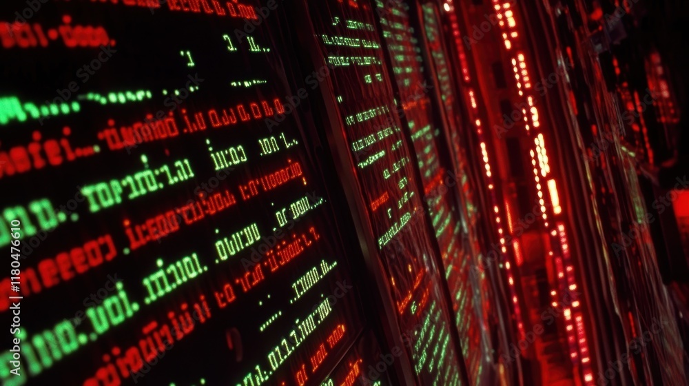 Server room panels displaying vibrant red and green numbers and text, reflecting ongoing data processing and monitoring in a high tech environment Server room panels displaying vibrant red and green numbers and text, reflecting ongoing data processing and monitoring in a high tech environment