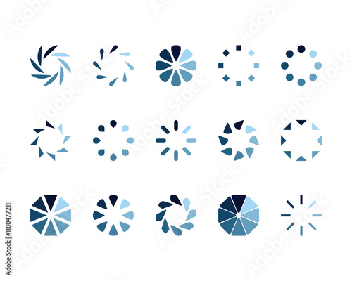 Collection of 15 stylish blue loading icons. Perfect for website design, app interfaces, or presentations to show progress.  Clean, modern, and versatile graphics for various digital projects.