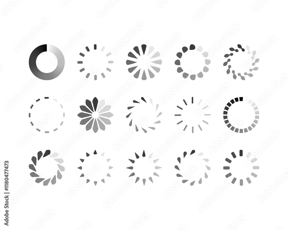 Collection of diverse loading icons in grayscale. Perfect for website design, app interfaces, or presentations needing visual progress indicators. Clean, modern style; easily customizable. Collection of diverse loading icons in grayscale. Perfect for website design, app interfaces, or presentations needing visual progress indicators. Clean, modern style; easily customizable.