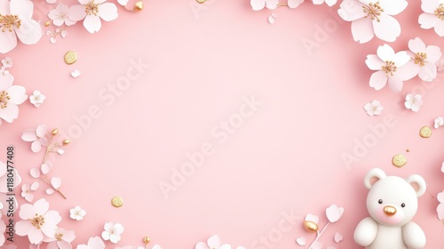 Pink Floral Frame with Cute Teddy Bear: Spring Background Design