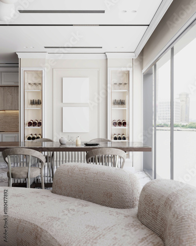 two poster mockup on the wall in modern classic dining room interior background. 3d illustration