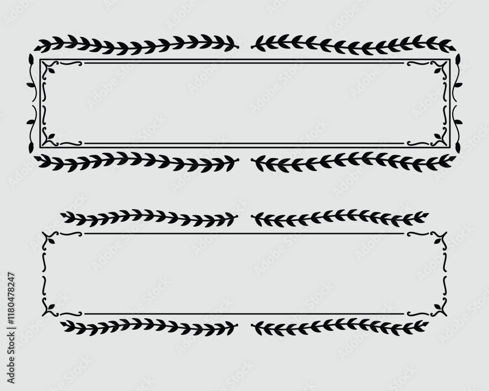 Fototapeta premium Rectangle horizontal doodle branch frame with round leave set. Vector
