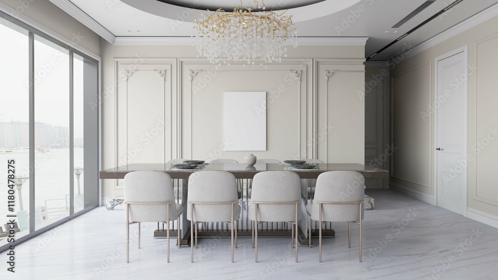 Fototapeta premium a poster mockup on the wall in modern classic dining room interior background. 3d illustration