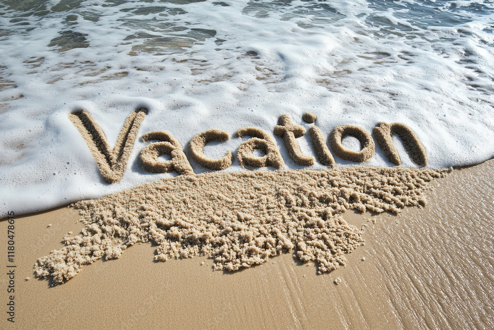 Fototapeta premium The word vacation written in the sand in a tropical setting