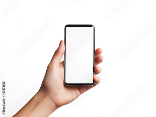 A hand grips a mobile phone with a blank white screen, contrasting against a simple, unadorned white backdrop. photo