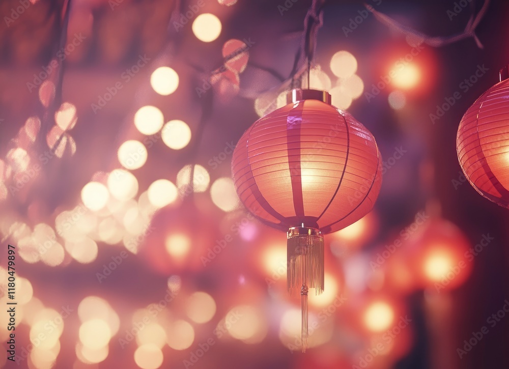 Chinese New Year, red lanterns hanging in the streets of China, warm colors, festive atmosphere, blurred background with lights and decorations, close-up of lanterns. Chinese New Year, red lanterns hanging in the streets of China, warm colors, festive atmosphere, blurred background with lights and decorations, close-up of lanterns.