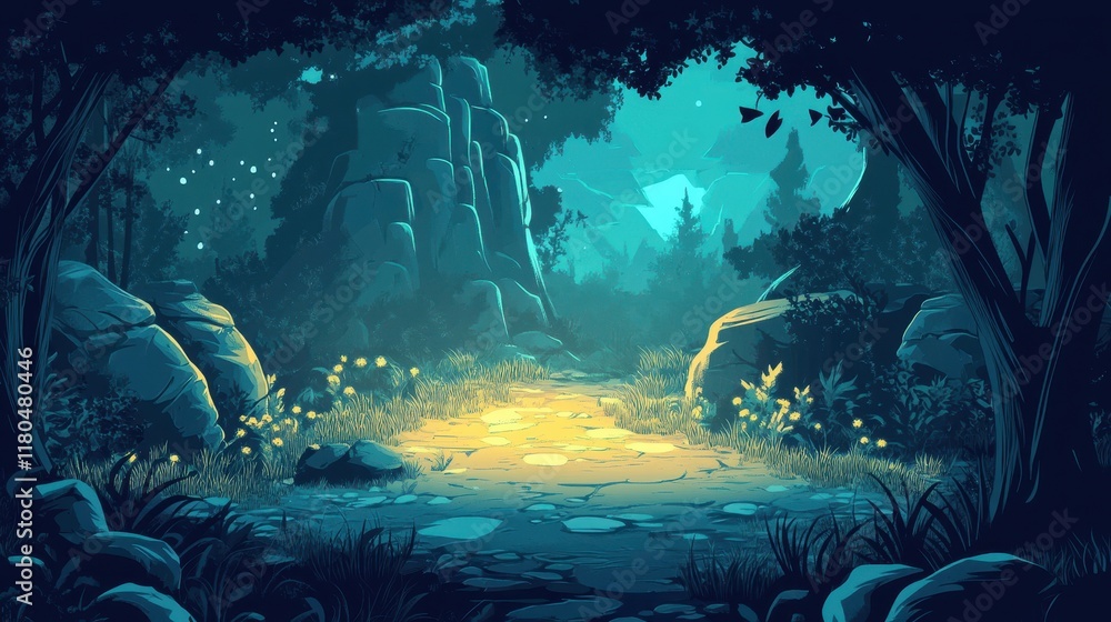 Obraz premium Mystical Forest Path Under Moonlight Illuminates Stones