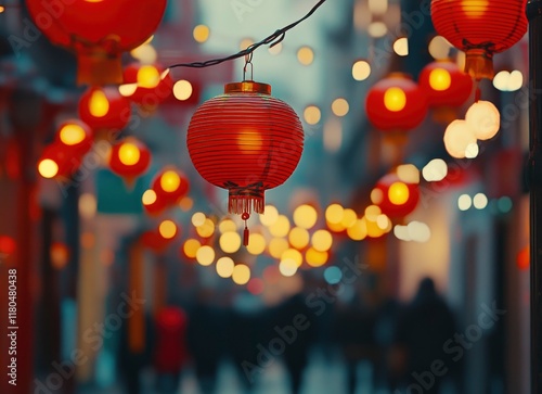 Chinese New Year, red lanterns hanging in the streets of the old town at night, blurred background, warm lighting, high-resolution photography, stock photo style. photo