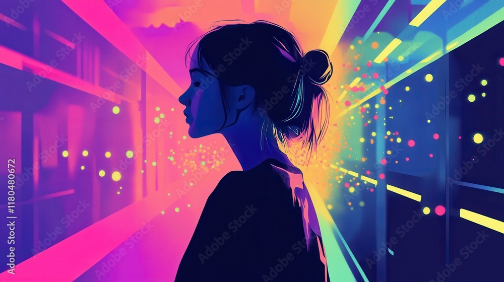 Woman Silhouette Neon Cityscape Vibrant Lightscape Woman Silhouette Neon Cityscape Vibrant Lightscape