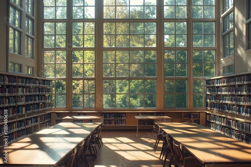 Sunlit Library Interior with Tall Windows and Bookshelves