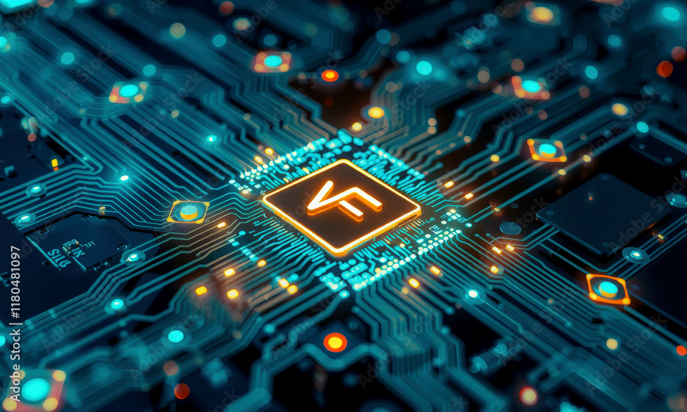 Fototapeta premium glowing AI chip processor is integrated into complex circuit board, showcasing advanced technology and innovation in microelectronics. intricate design highlights future of computing