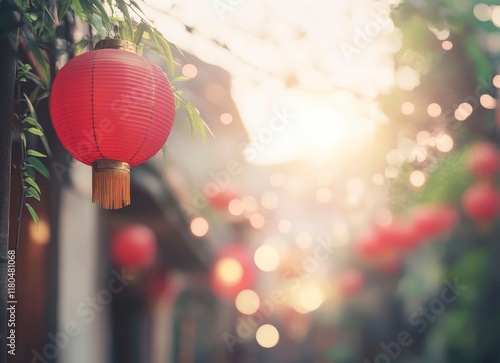 Chinese New Year, red lanterns hanging in the streets of the old town at night, blurred background, warm lighting, high-resolution photography, stock photo style. photo