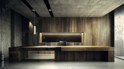 Wallpaper Mural Modern, wooden desk in a spacious, industrial office with concrete walls and ceilings. Torontodigital.ca