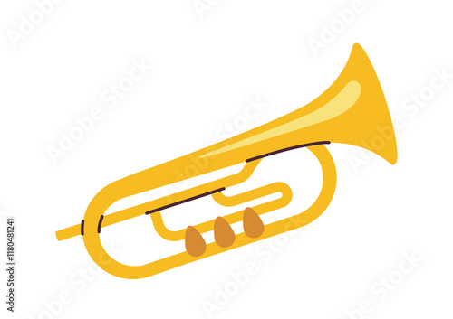 Yellow trumpet with simple design and clean lines, depicted in a flat style on a white background. Concept of music, brass instruments, and art. Vector illustration