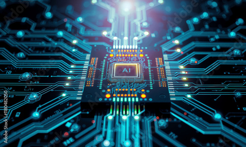 glowing AI chip is integrated into complex circuit board, symbolizing advanced technology and innovation artificial intelligence. intricate design highlights connectivity and power of modern photo