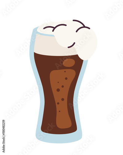 Glass of dark beer with frothy foam on top, depicted in a simple, flat style on a white background. Concept of refreshing beverages. Vector illustration