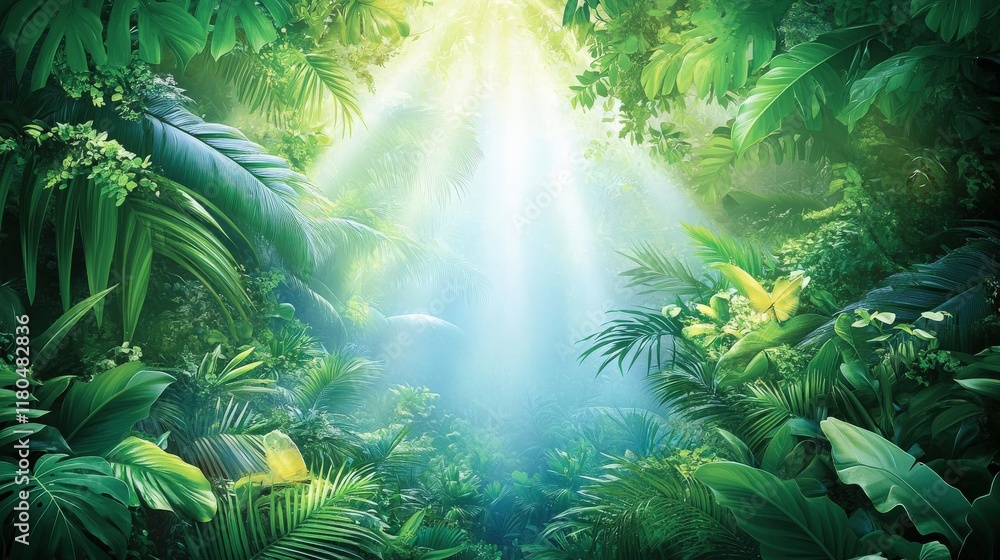 Fototapeta premium Lush Tropical Rainforest Sunlight Illuminates Verdant Foliage
