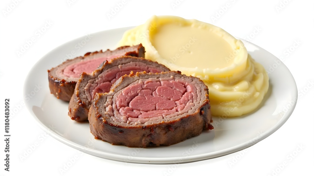 Roaast pork tenderloin meat steak on a plate with mash potato. Isolated on white background, top view. Roaast pork tenderloin meat steak on a plate with mash potato. Isolated on white background, top view.