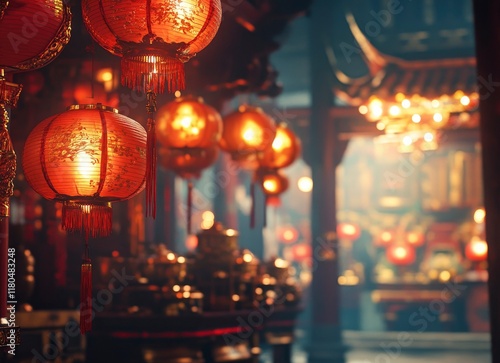 Chinese red lanterns hanging in the temple, Chinese New Year background, high-resolution photography, high-quality details, professional color grading, soft shadows, low contrast, clean sharp focus