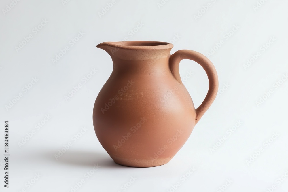Clay brown jug with a handle on a white background Clay brown jug with a handle on a white background