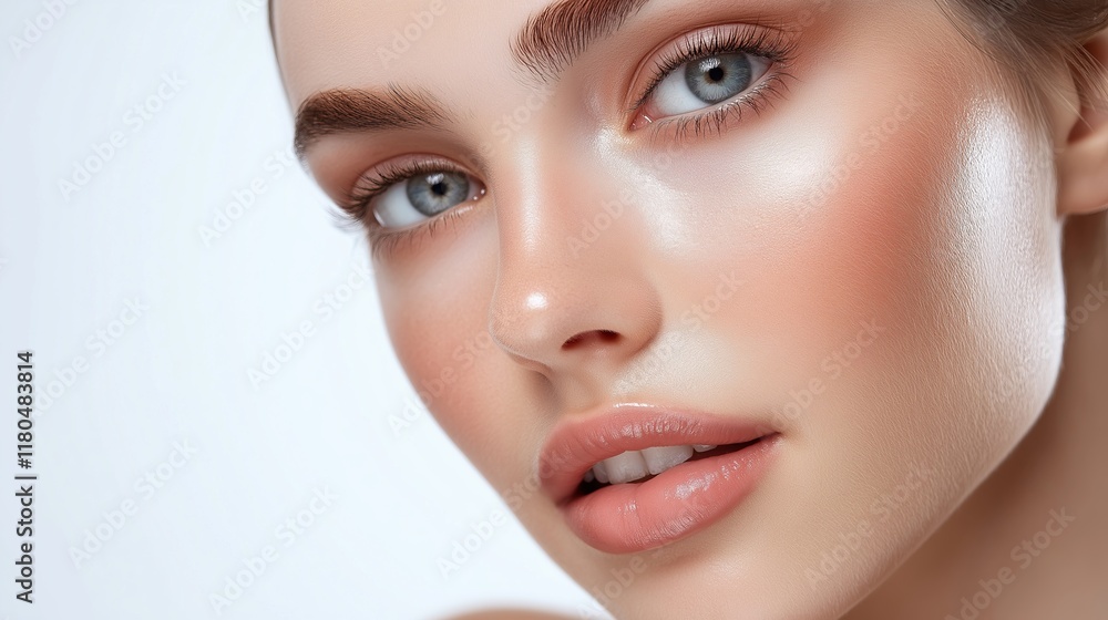 Portrait of a young woman with brown hair and light makeup on a white background Portrait of a young woman with brown hair and light makeup on a white background