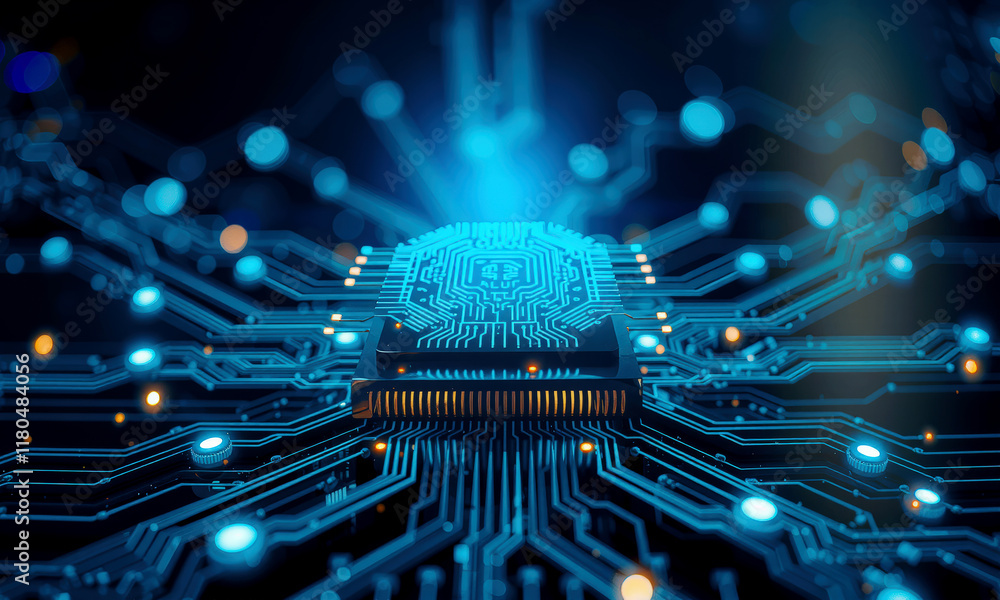 Fototapeta premium glowing AI chip processor on circuit board, showcasing advanced technology and innovation in computing. blue light highlights intricate design and futuristic feel