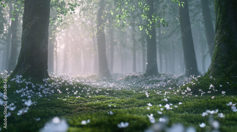 Obraz premium A mysterious woodland scene during a misty March dawn, vibrant emerald leaves beginning to emerge on branches, a bed of moss glowing softly under faint blue light