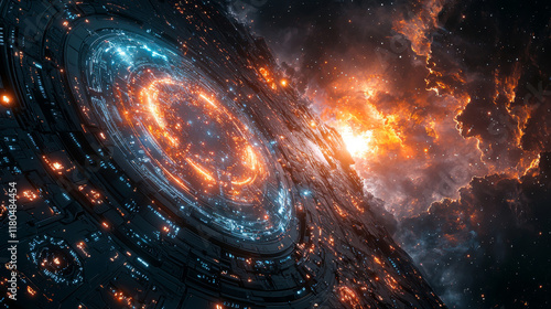 Fototapeta Naklejka Na Ścianę i Meble -  Futuristic Space Station Orbiting a Nebula