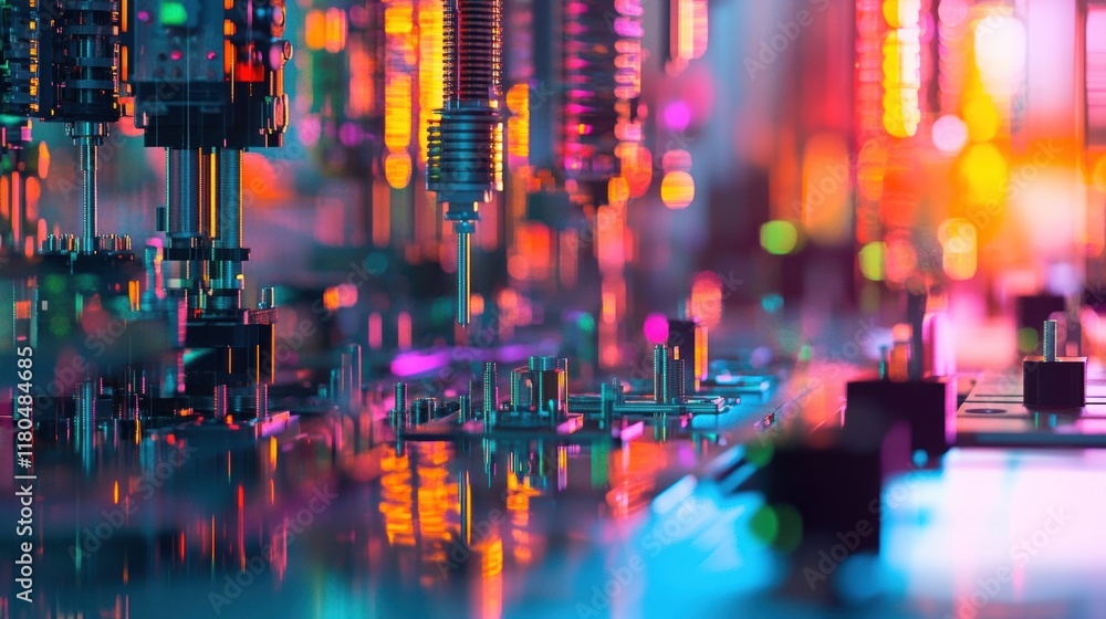 Obraz premium Futuristic industrial robotic arm working on a circuit board illuminated by neon lights in a high tech automated factory, showcasing advanced manufacturing technology