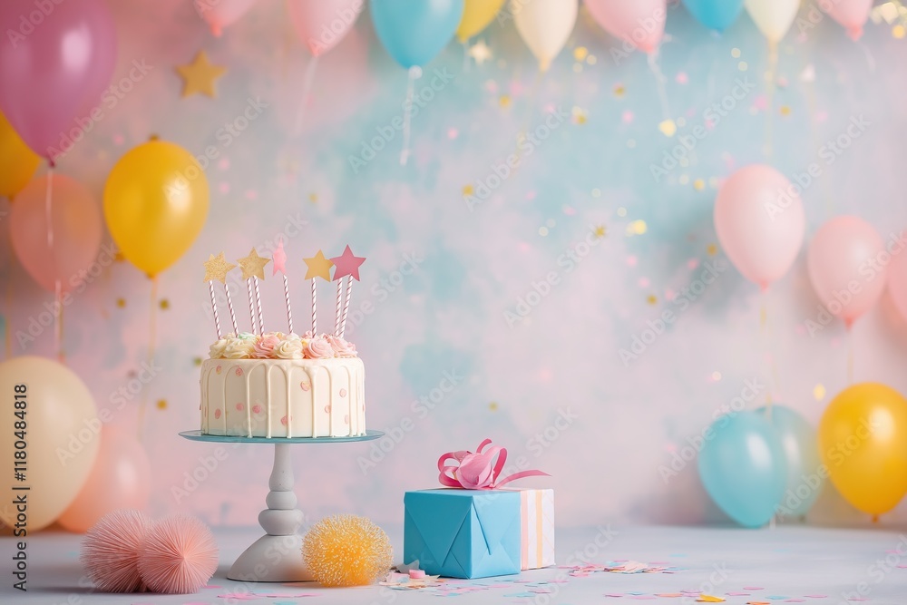 Gifts and cake on a blue background with colorful balloons Gifts and cake on a blue background with colorful balloons