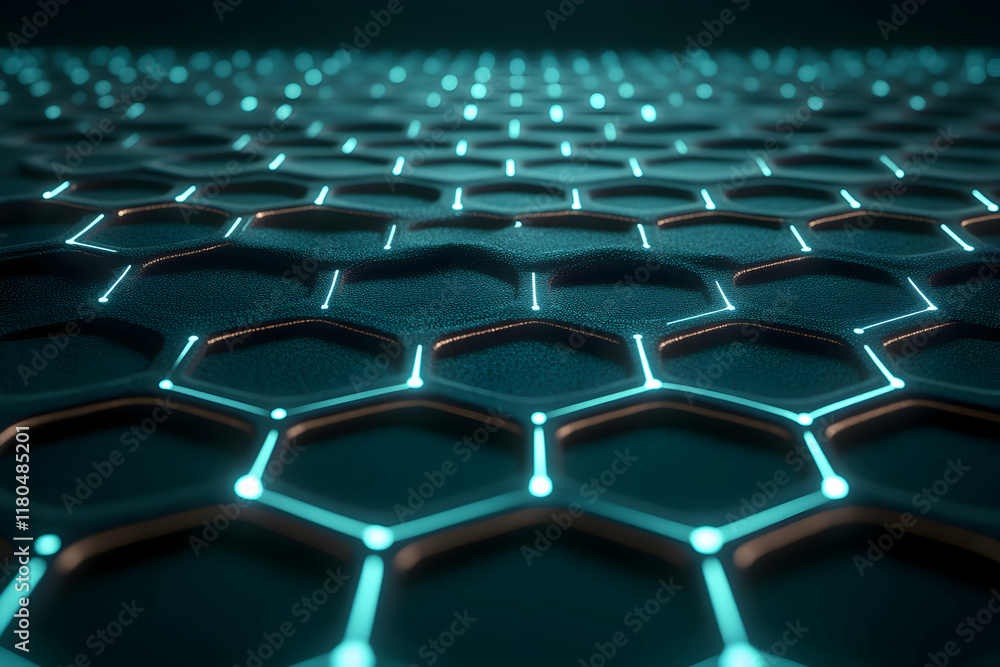 Naklejka premium Abstract hexagonal grid pattern with glowing teal nodes; futuristic tech background, perfect for digital design.