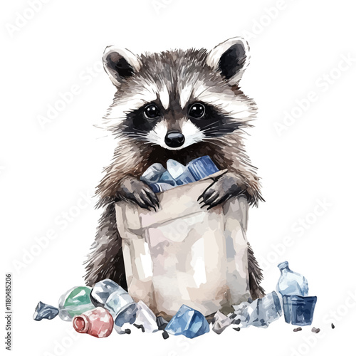 A watercolor clipart of a raccoon sneaking through trash, isolated on a white background. Raccoon trash vector.
