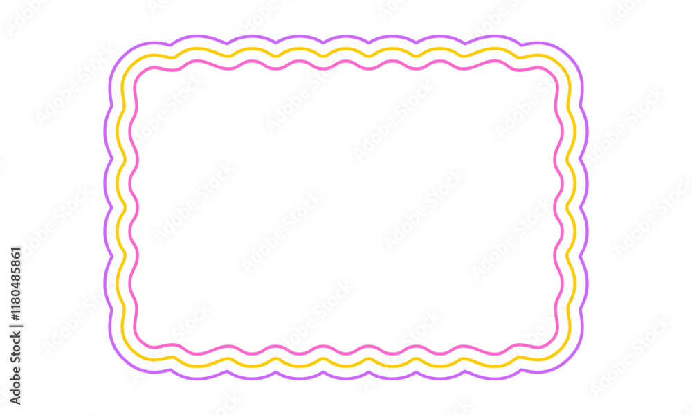 Colorful rectangle frame with wavy edges. Geometric shape with scallop borders. Blank text box, banner, headline, tag or label isolated on white background. Vector illustration. Colorful rectangle frame with wavy edges. Geometric shape with scallop borders. Blank text box, banner, headline, tag or label isolated on white background. Vector illustration.