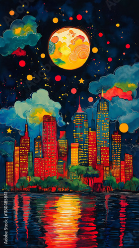 Background Colorful skyscrapers at night with stars and clouds in the sky Watercolor painting photo