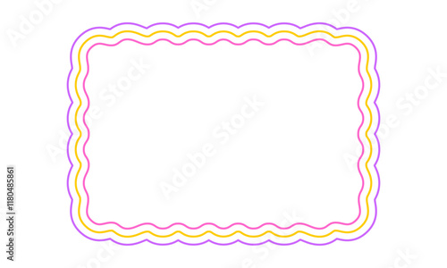 Colorful rectangle frame with wavy edges. Geometric shape with scallop borders. Blank text box, banner, headline, tag or label isolated on white background. Vector illustration.