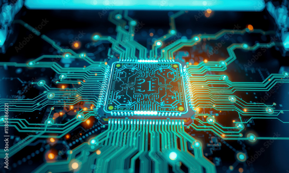 glowing AI chip processor on circuit board, showcasing intricate pathways and vibrant blue and orange lights, symbolizing advanced technology and innovation glowing AI chip processor on circuit board, showcasing intricate pathways and vibrant blue and orange lights, symbolizing advanced technology and innovation