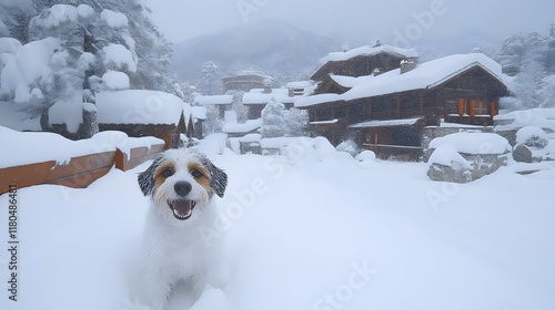 Happy dog in snowy mountain village.