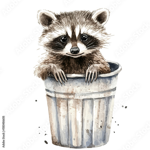 A watercolor illustration of a raccoon searching through a trash can, isolated on a white background. Raccoon trash can vector.
