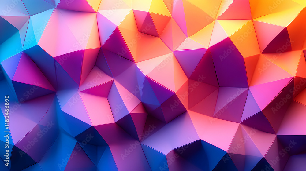 Obraz premium Abstract colorful geometric background. Vivid polygonal texture with shades of pink, purple, blue, and orange. Ideal for design projects needing a vibrant, modern feel.