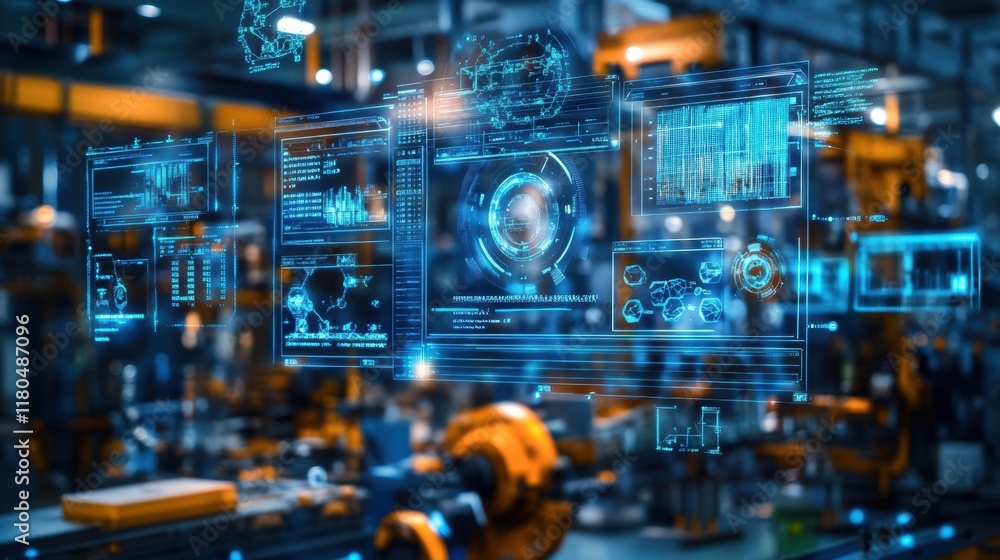 Multiple digital displays present manufacturing data and information within a modern, automated factory setting, highlighting the integration of technology and industrial processes Multiple digital displays present manufacturing data and information within a modern, automated factory setting, highlighting the integration of technology and industrial processes