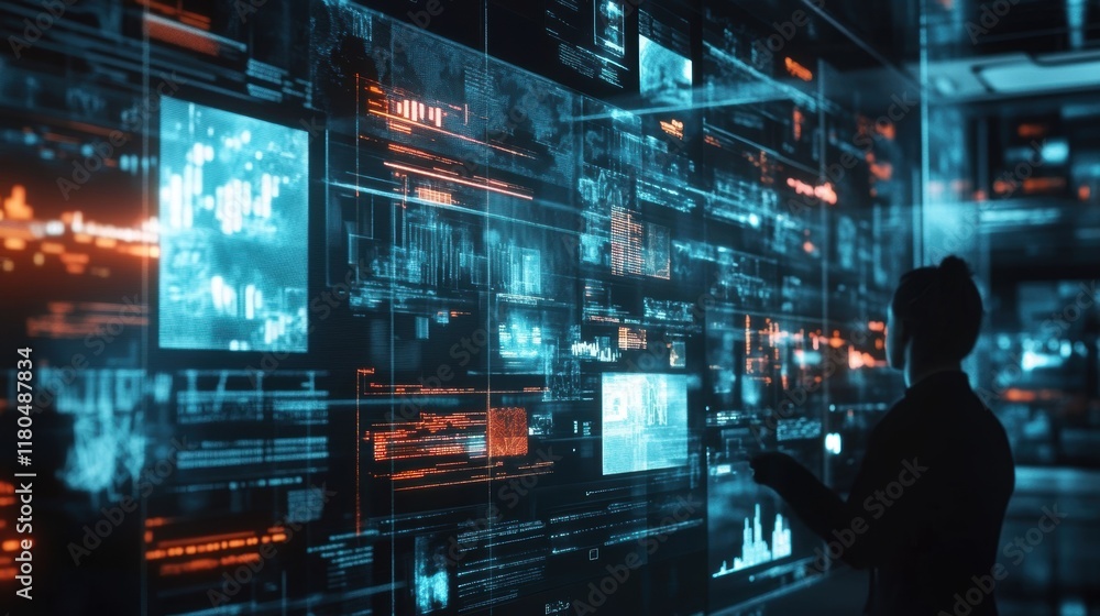 Businesswoman interacting with a cutting edge screen, analyzing vast amounts of big data and digital information in a futuristic monitoring room enhanced by augmented reality technology Businesswoman interacting with a cutting edge screen, analyzing vast amounts of big data and digital information in a futuristic monitoring room enhanced by augmented reality technology