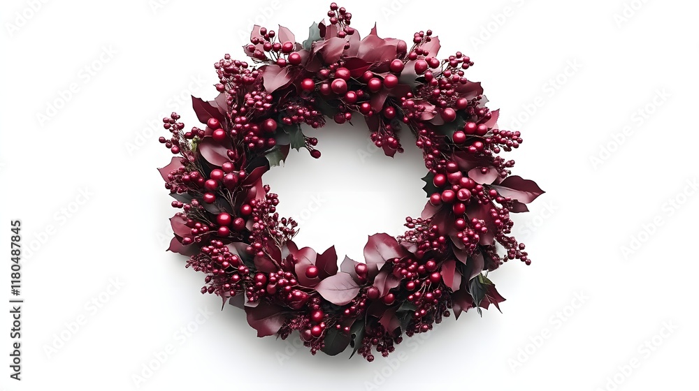 Maroon Christmas wreath with berries and leaves on white. Maroon Christmas wreath with berries and leaves on white.